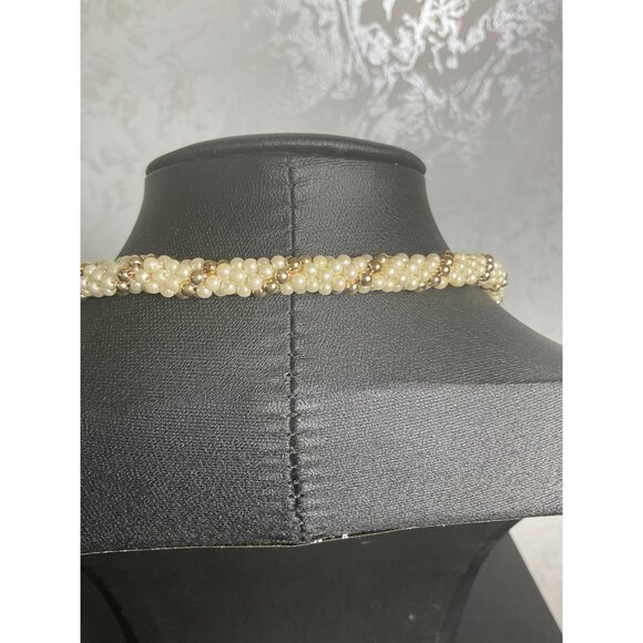 Vintage Faux Pearl Beaded Braided Necklace With Elegant Twist Design - Picture 3 of 4